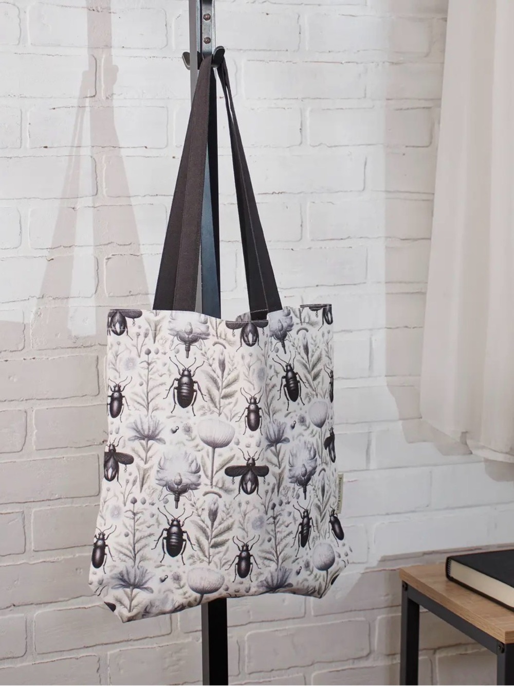 Botanical Beetle Print Tote Bag in Black and White